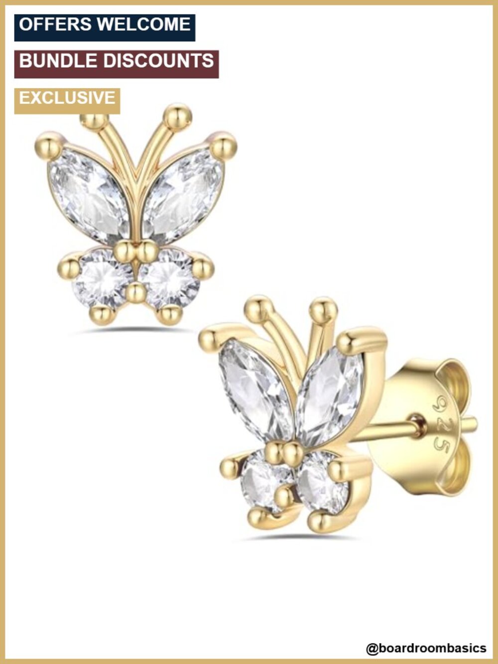 18K Gold Plated Butterfly Stud Earrings Hypoallergenic Crystal